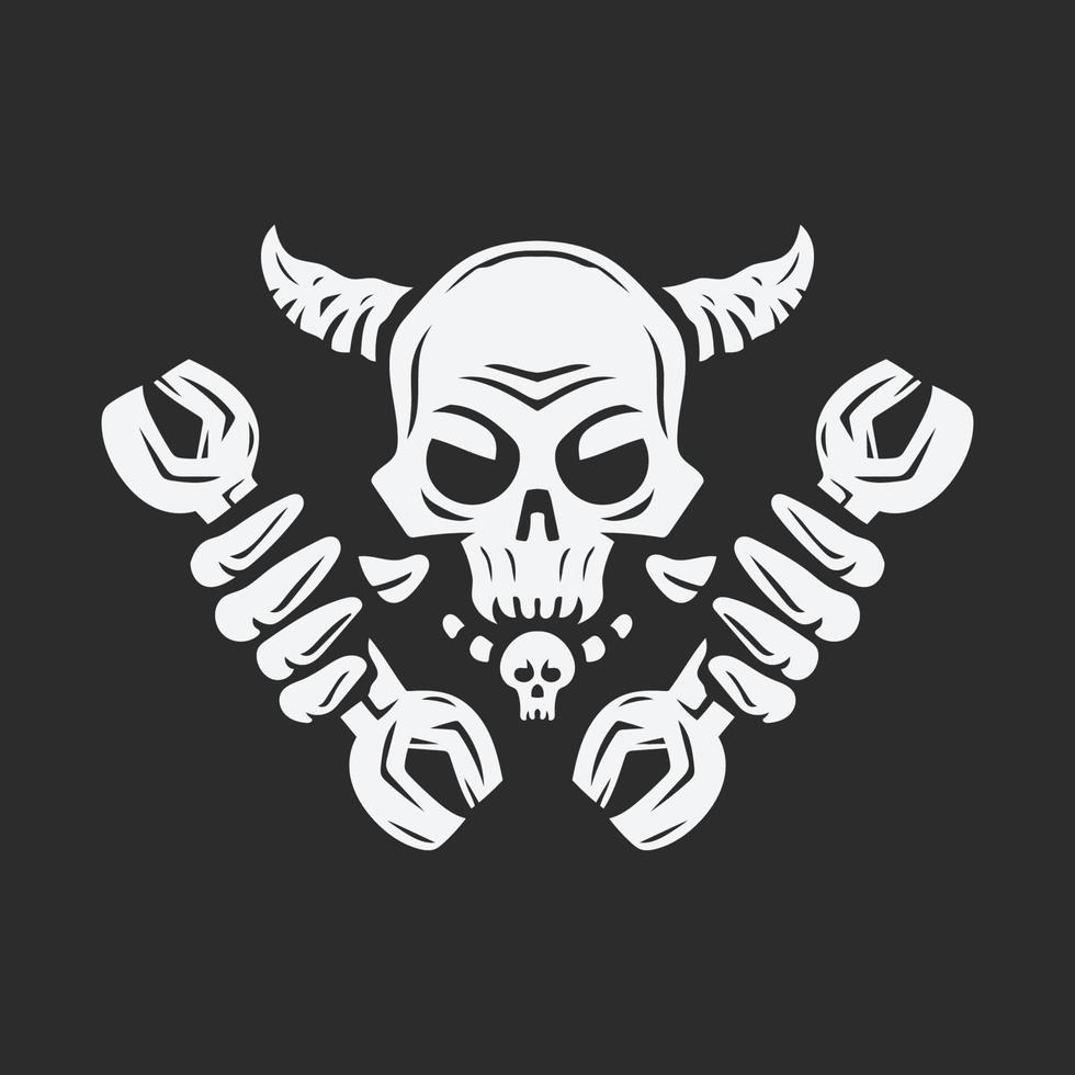 Skull holding the wrench Skeleton repairman Vintage logo vector illustration