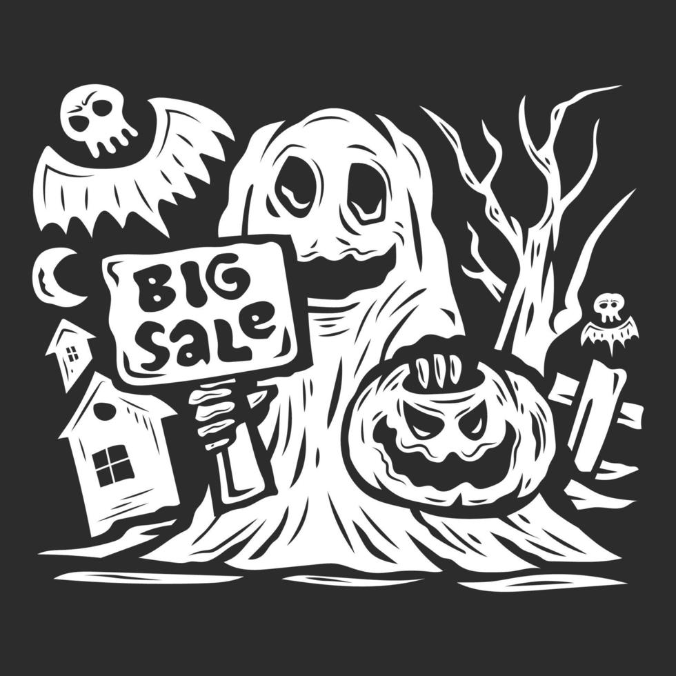 Halloween sale background with pumpkins and haunted house vector illustration