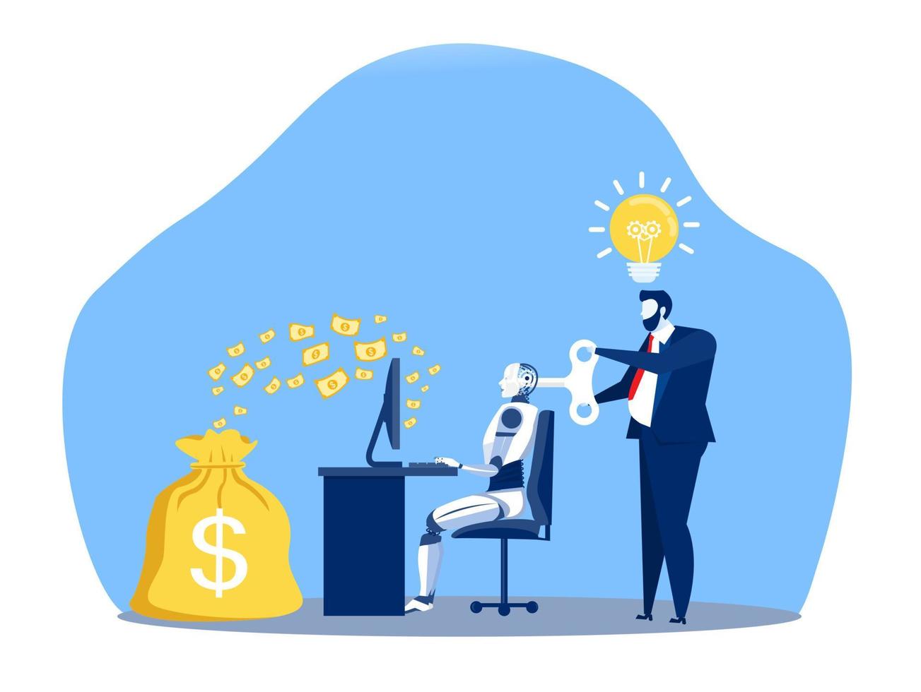 Businessman controlling a robot working make money with key control. Artificial intelligence technology business concept. vector