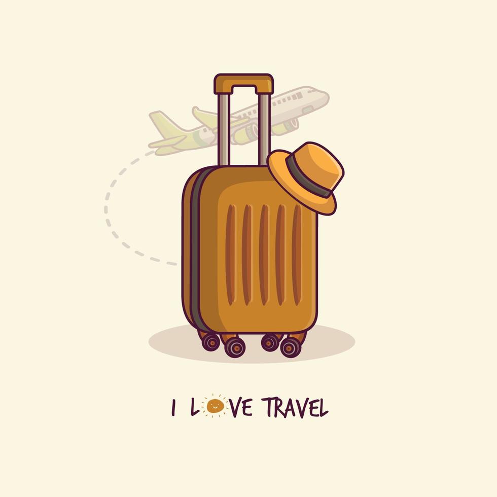 Orange wheeled suitcase with hat. Suitcase with traveler accessories flat cartoon vector