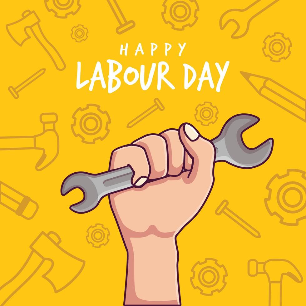 labour day illustration background. hand holding pliers design with labor day theme. handyman tools icon plierl nails axe hammer vector