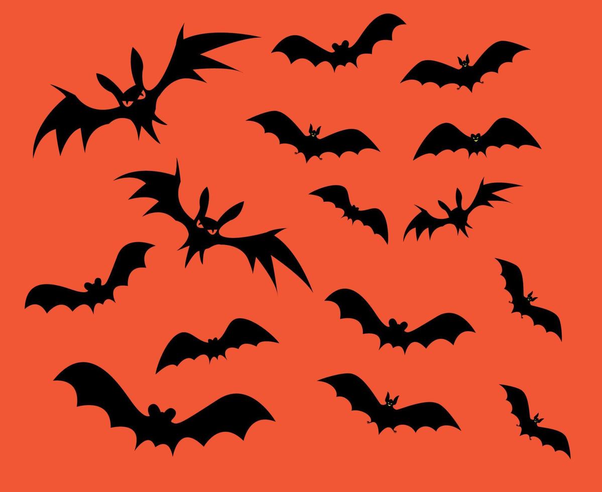 Bats Black Objects Signs Symbols Vector Illustration With Orange Background