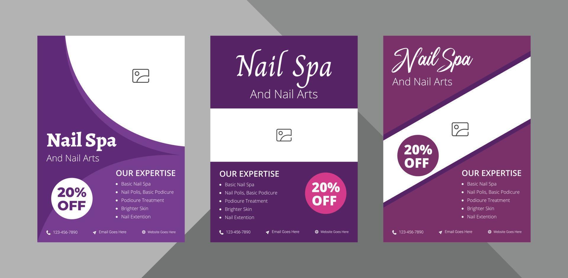 nail salon service flyer design bundle. spa nail salon service poster leaflet design. bundle, 3 in 1, a4 template, brochure design, cover, flyer, poster, print-ready vector