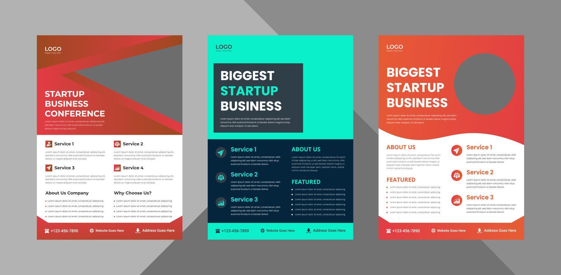 startup business flyer design template bundle. business agency poster leaflet 3 in 1 design. bundle, 3 in 1, a4 template, brochure design, cover, flyer, poster, print-ready vector