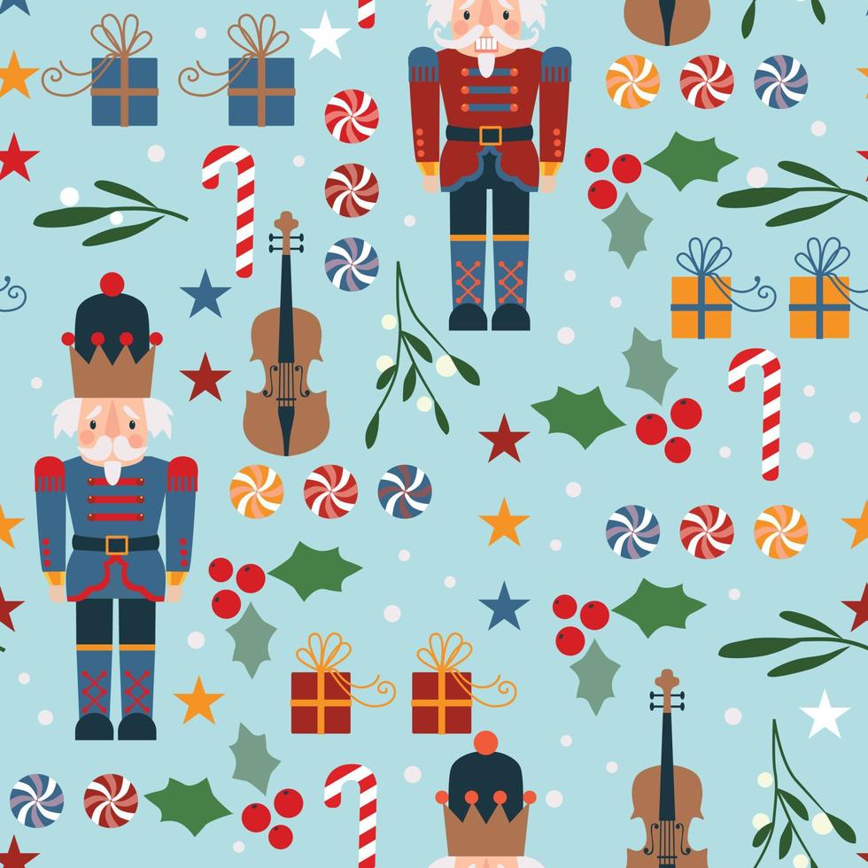 Seamless Christmas pattern with nutcracker berries violin on blue background vector