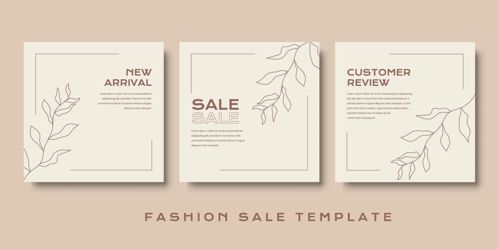 Fashion sales social media post with aesthetic style and leaf shaped lines. Minimal square banner template. Vector illustration of brand promotion design.