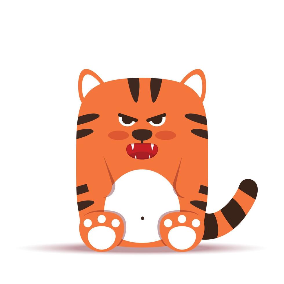 Cute little orange tiger cat in a flat style. The animal sits angry gloomy and growls. The symbol of the Chinese New Year 2022. For banner, nursery, decor. Vector hand drawn illustration.