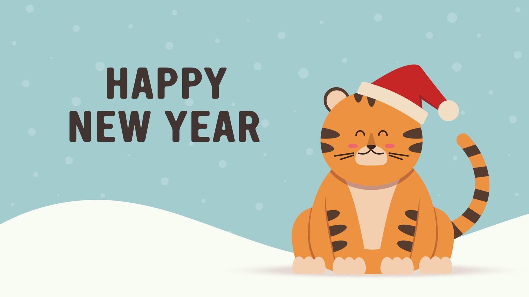 Cute little tiger character in flat style. Zodiac symbol of the Chinese New Year 2022. Merry Christmas. For banner, postcard, brochure decor template. Vector illustration.