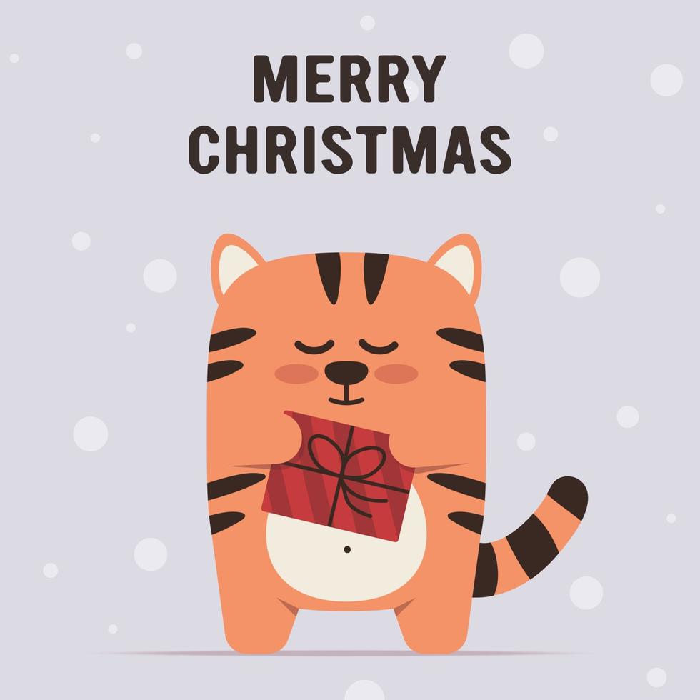 Cute little tiger character in flat style. Zodiac symbol of the Chinese New Year 2022. Merry Christmas. For banner, postcard, brochure decor template. Vector illustration.