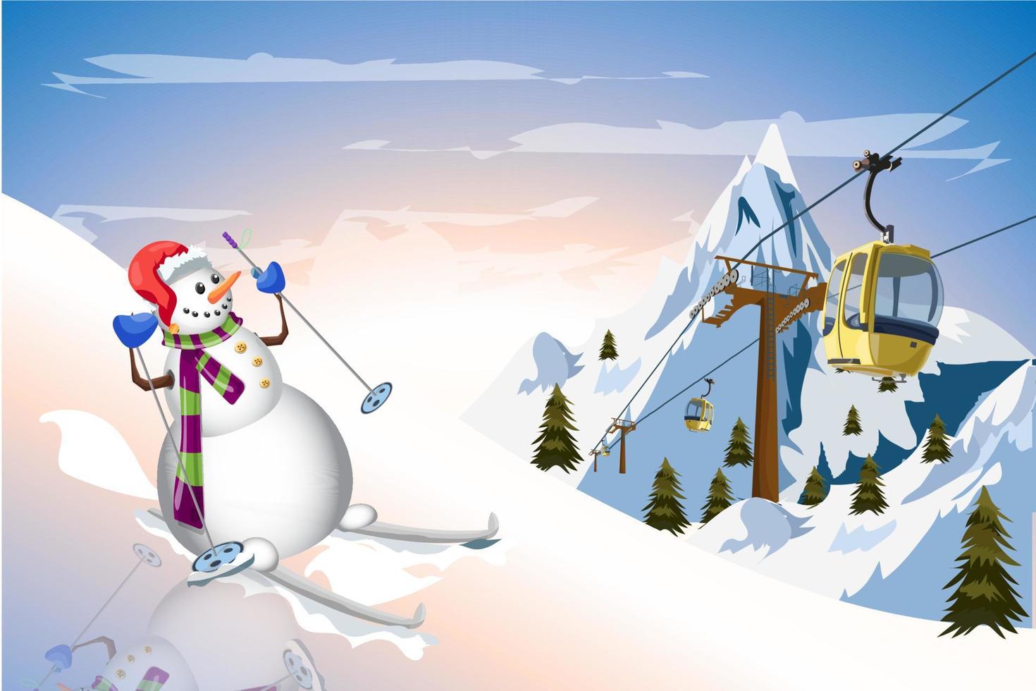 Snowman Skiing with Gondola tram Winter time background vector