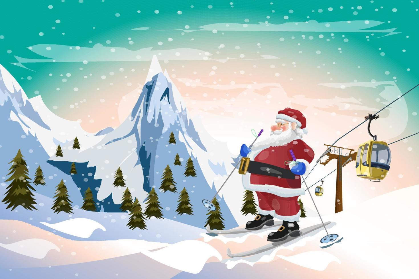 santa claus, esquí, con, góndola, tranvía, invierno, navidad, plano de fondo vector