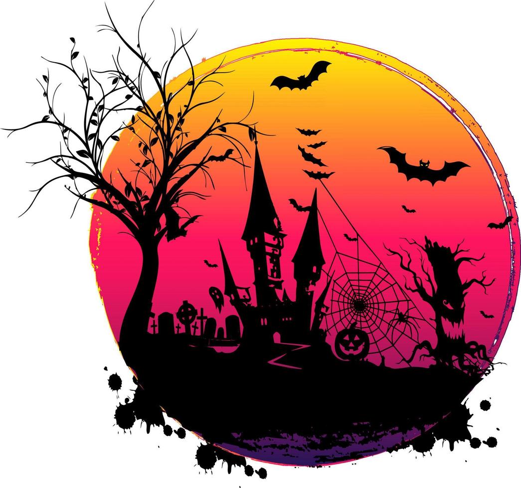 Halloween creepy design with Guest  and Bats in Cemetery with Witch  Haunted House  Pumpkins and Bats vector