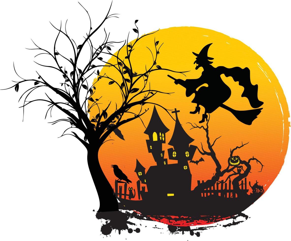 Creepy Halloween Sunsite Design with Witch  Haunted House  Pumpkins and Bats vector