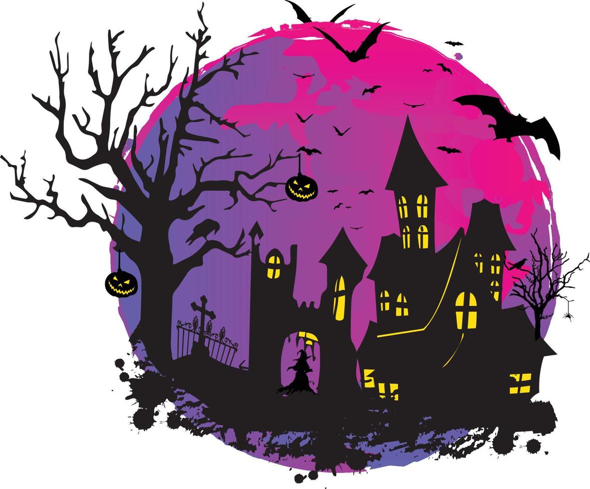 espeluznante diseño de halloween con bruja casa encantada ilustración vector