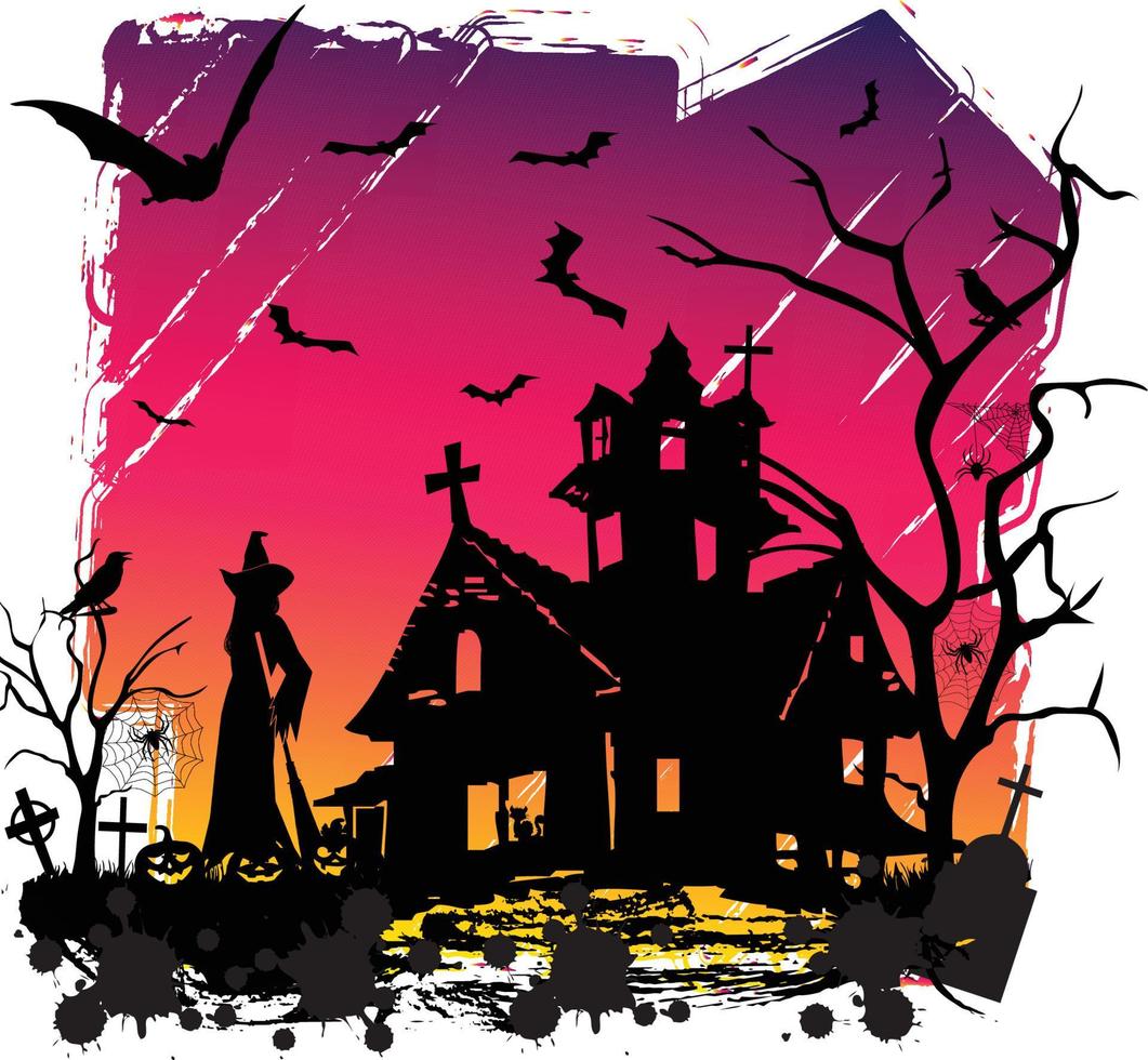 bruja casa embrujada espeluznante diseño de camiseta de halloween con calabazas y murciélagos vector