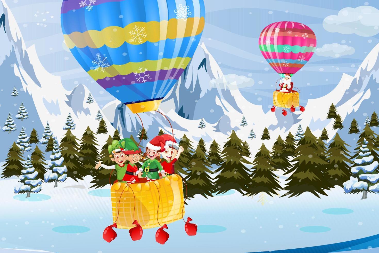 Hot Air balloon Christmas elves and Santa Winter time vector