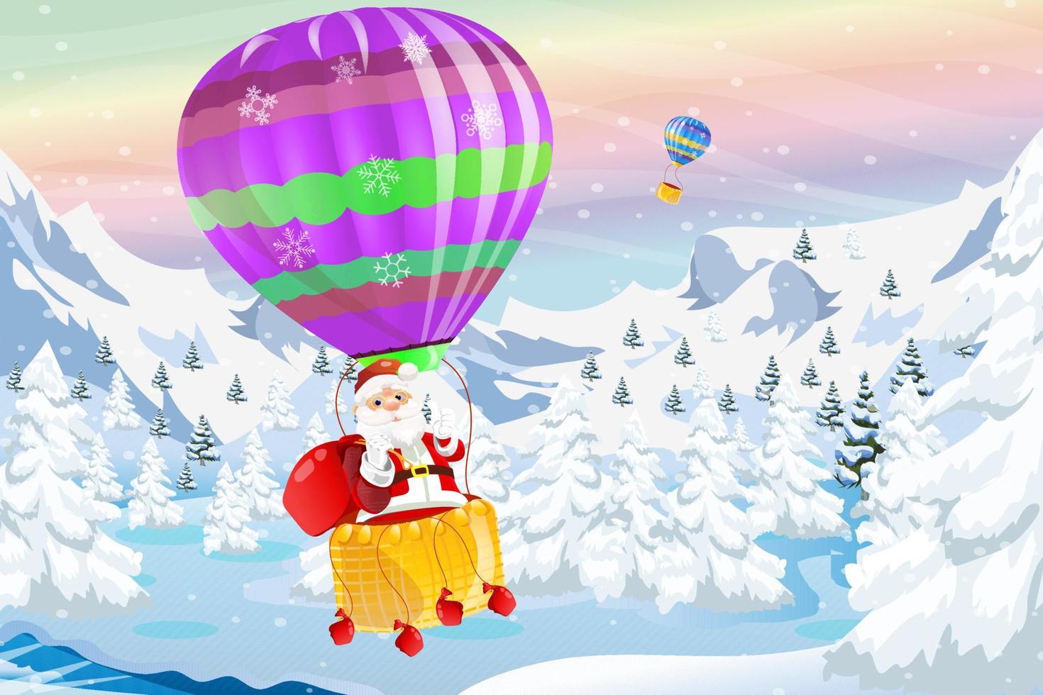 Santa Claus and Christmas Air balloon Winter time Background vector