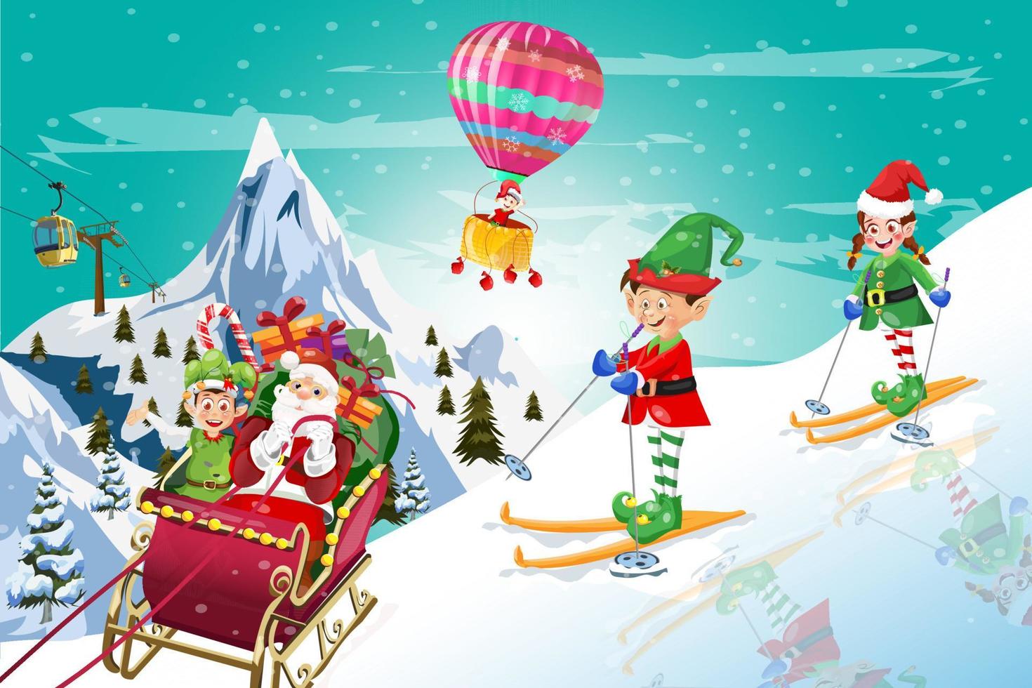 Elves Skiing with Santa Claus Winter time and hot air Christmas balloon vector