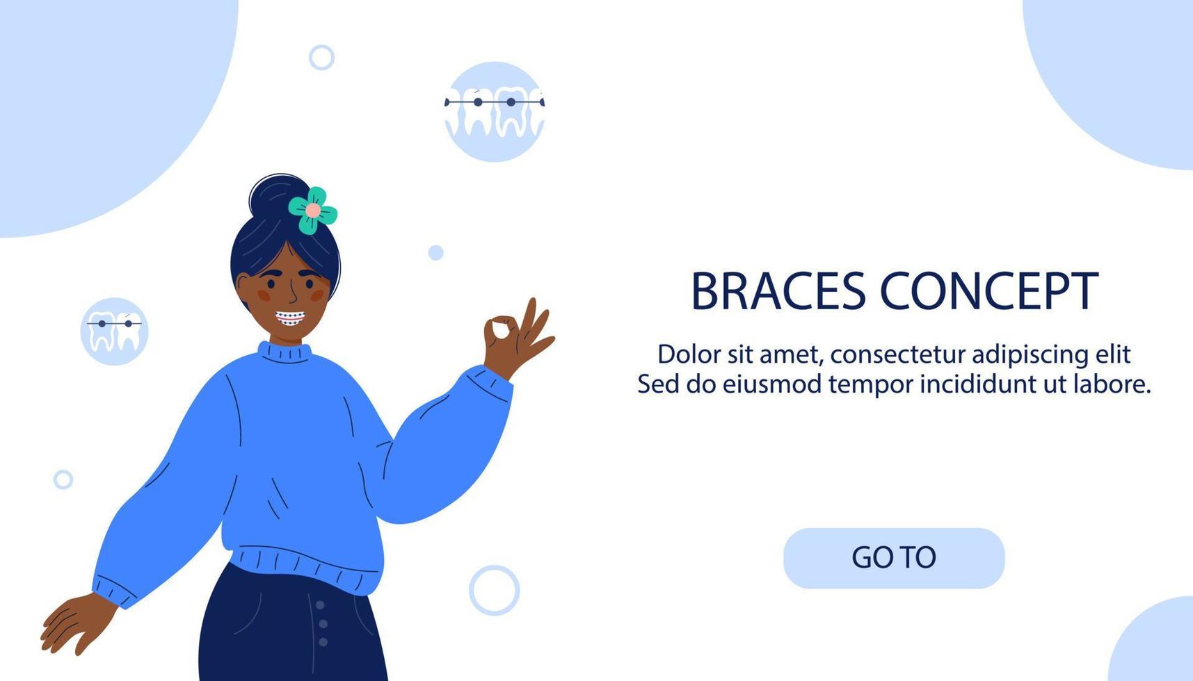 adolescente sonriente con tirantes. concepto de aparatos dentales. cuidado dental. sonriente niña afroamericana con tirantes en los dientes en estilo plano.Tratamiento de ortodoncia. página de inicio para clínica dental fondo blanco. vector