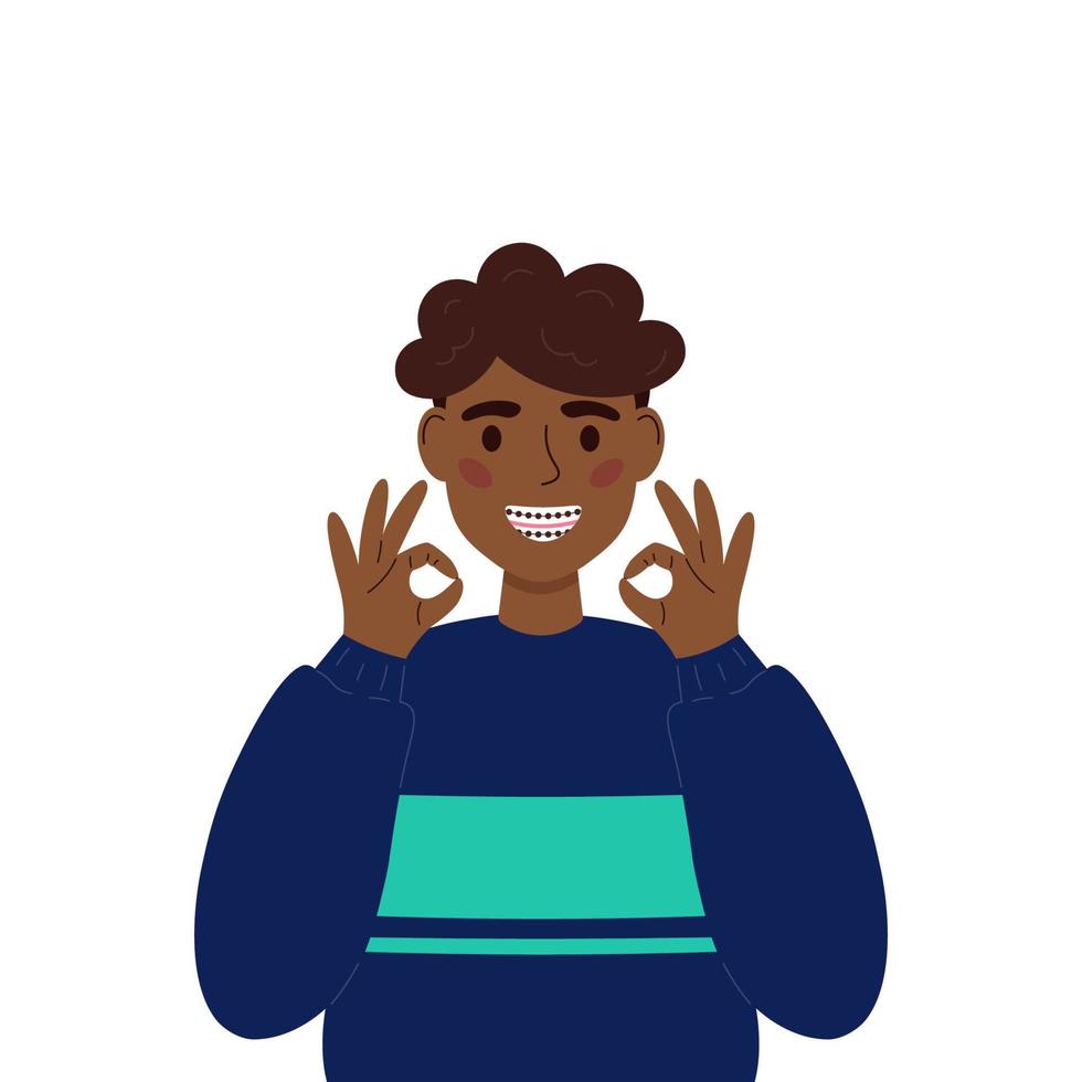 Smiling teen with braces. Dental braces concept. Dental care. Smiling trendy afro american boy with braces in flat style.Orthodontic treatment. Boy showing okay. White background. vector