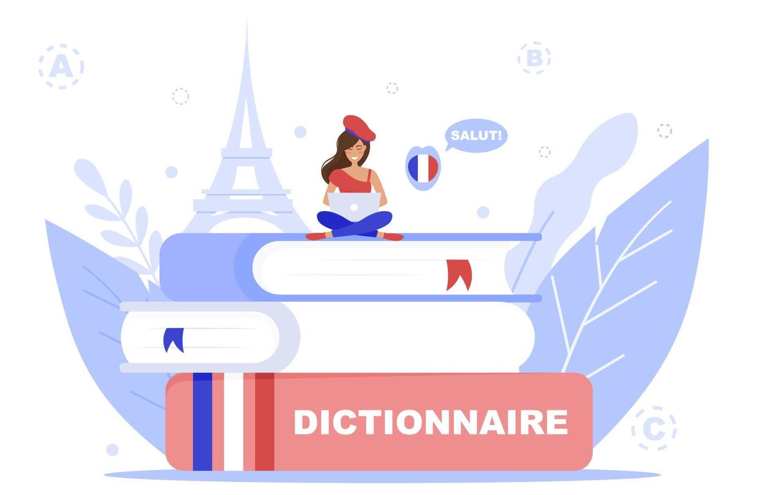 Vector illustration of French tutor.Online education, courses. Native speaker.French language. Salut. Hello. Dictionnaire. Dictionary. French school.Student.Girl studying online.White background