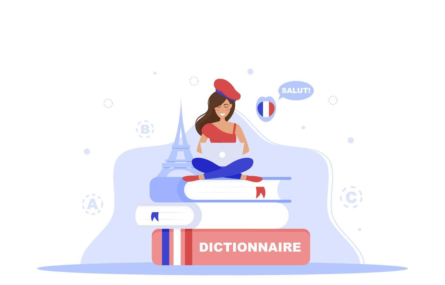 Vector illustration of French tutor.Online education, courses. Native speaker.French language. Salut. Hello. Dictionnaire. Dictionary. French school.Student.Girl studying online.White background