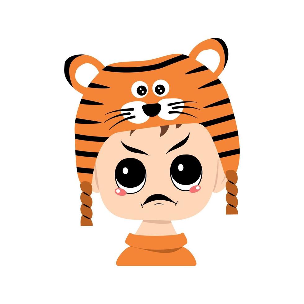 Avatar of boy with angry emotions, grumpy face, furious eyes in tiger hat. Cute kid with furious expression in carnival costume for New Year, Christmas and holiday. Head of adorable child vector