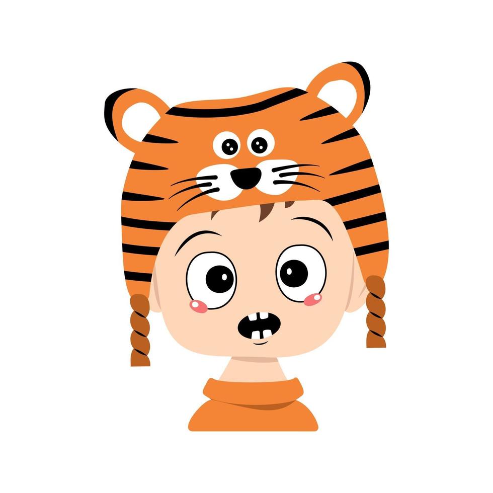 Avatar of boy with emotions panic, surprised face, shocked eyes in tiger hat. Cute kid with scared expression in carnival costume for New Year, Christmas and holiday. Head of adorable child vector