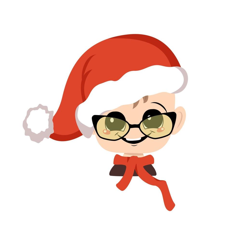 Child with big eyes and wide happy smile in a red Santa hat and glasses. Cute kid with joyful face in festive costume for new year and Christmas. Head of adorable baby with joyful emotions vector