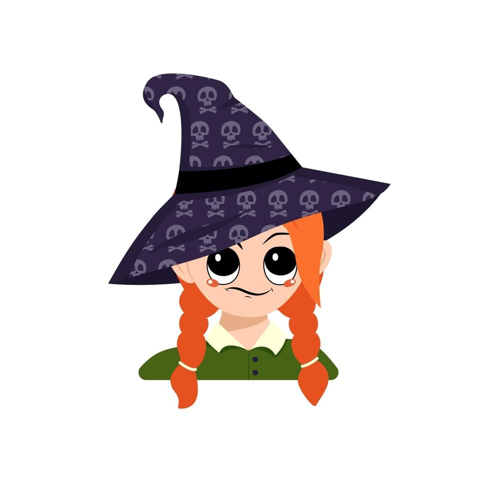 Avatar of girl with big eyes and suspicious emotions in a pointed witch hat with skull. The head of a toddler with face. Halloween party decoration vector