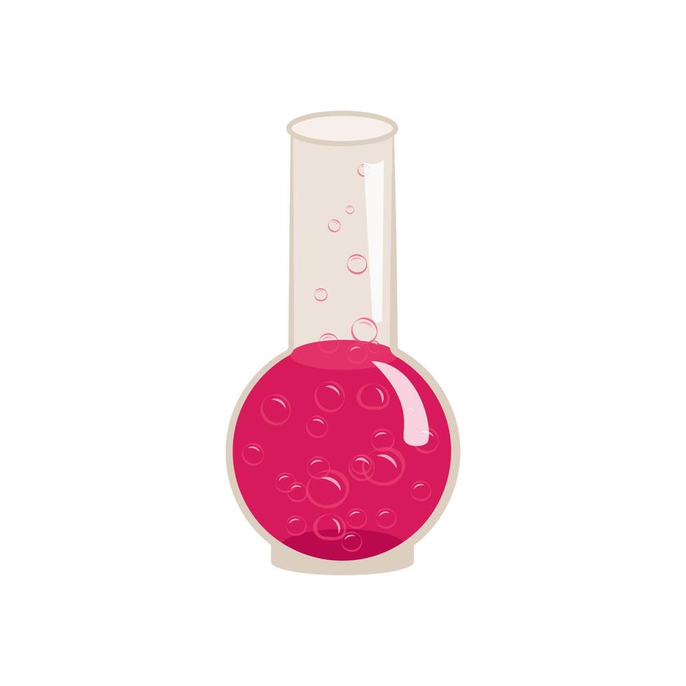 Witch flask with boiling pink liquid and bubbles. Halloween potion party decoration or love potion for Valentine Day vector