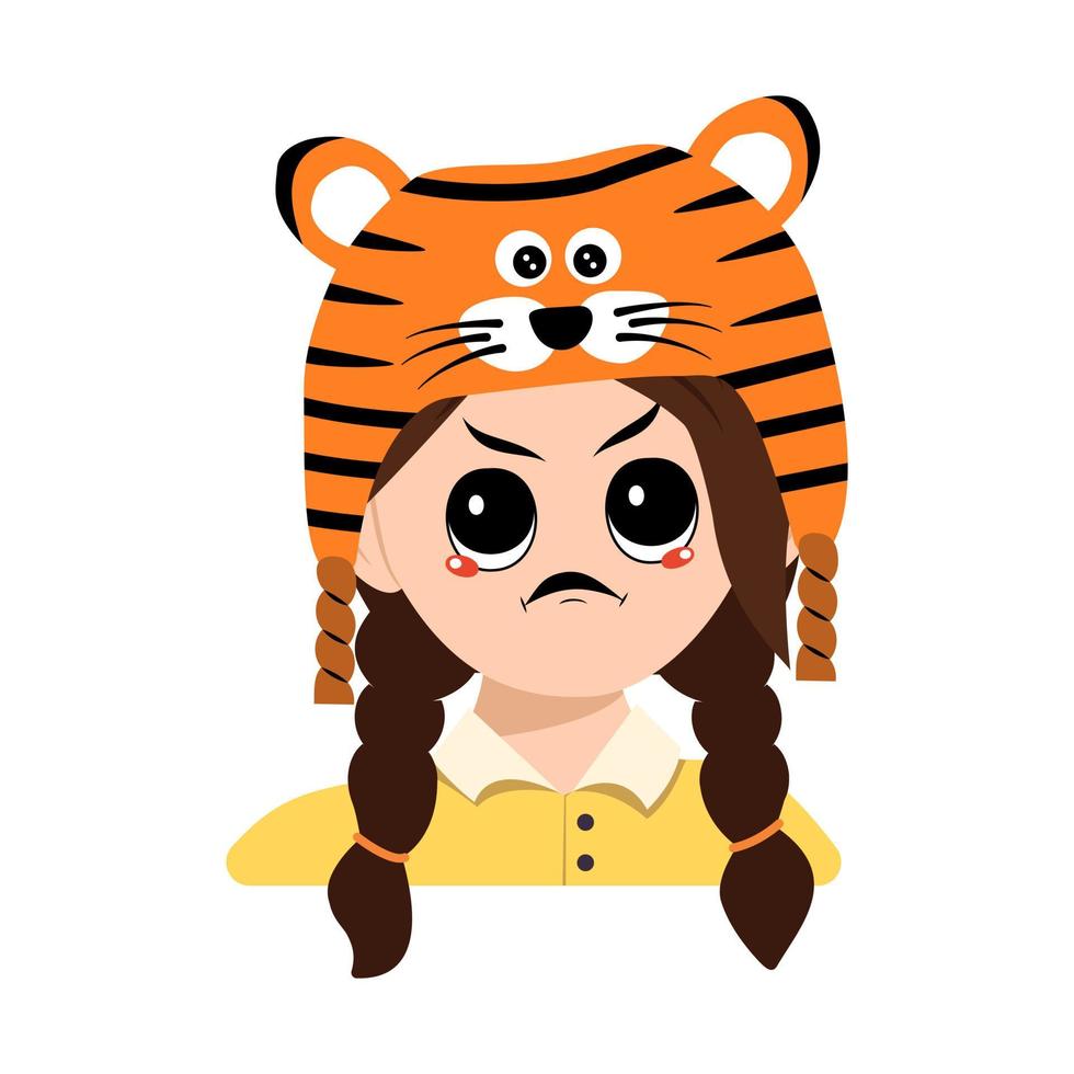 Avatar of girl with angry emotions, grumpy face, furious eyes in tiger hat. Cute kid with furious expression in carnival costume for New Year, Christmas and holiday. Head of adorable child vector