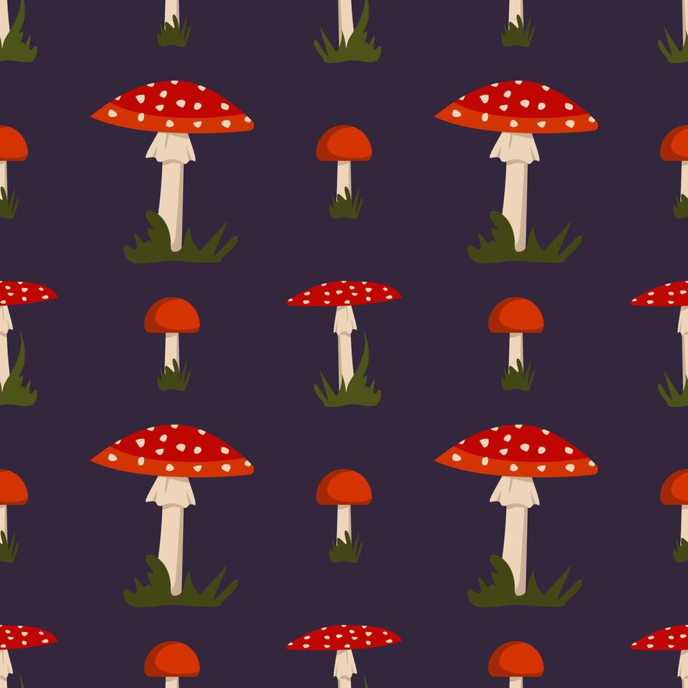 Seamless pattern with amanita mushroom with red hat and white dots and grass on dark background. Bright fly agaric print vector