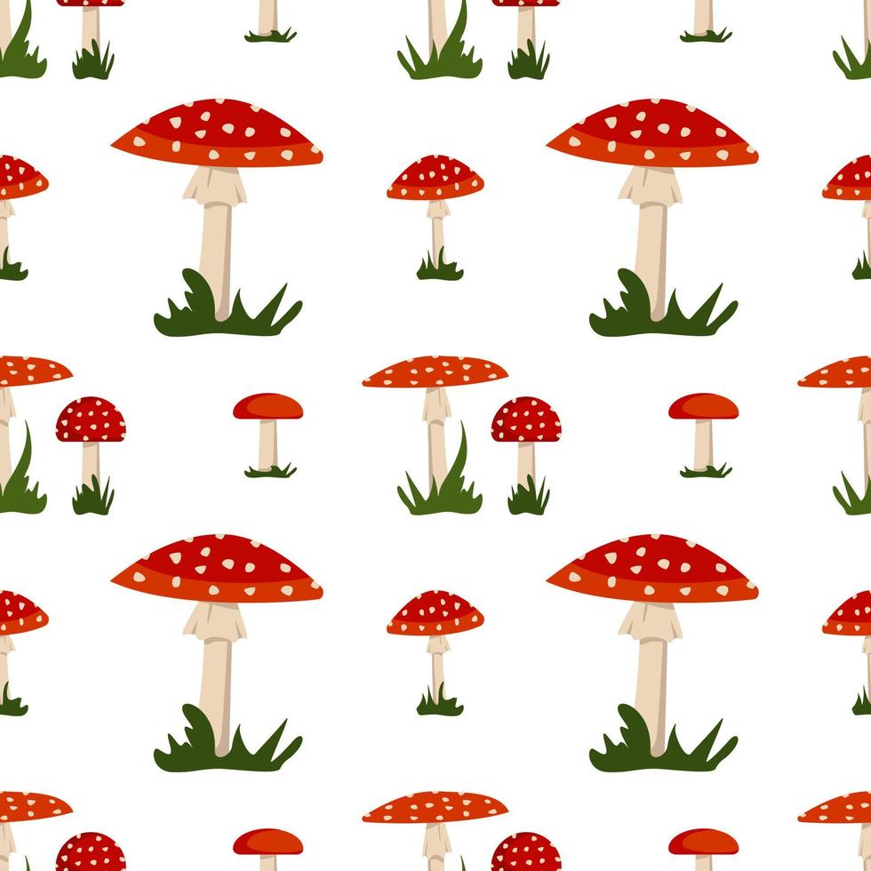 Seamless pattern with amanita mushroom with red hat and white dots and grass. Bright fly agaric print vector