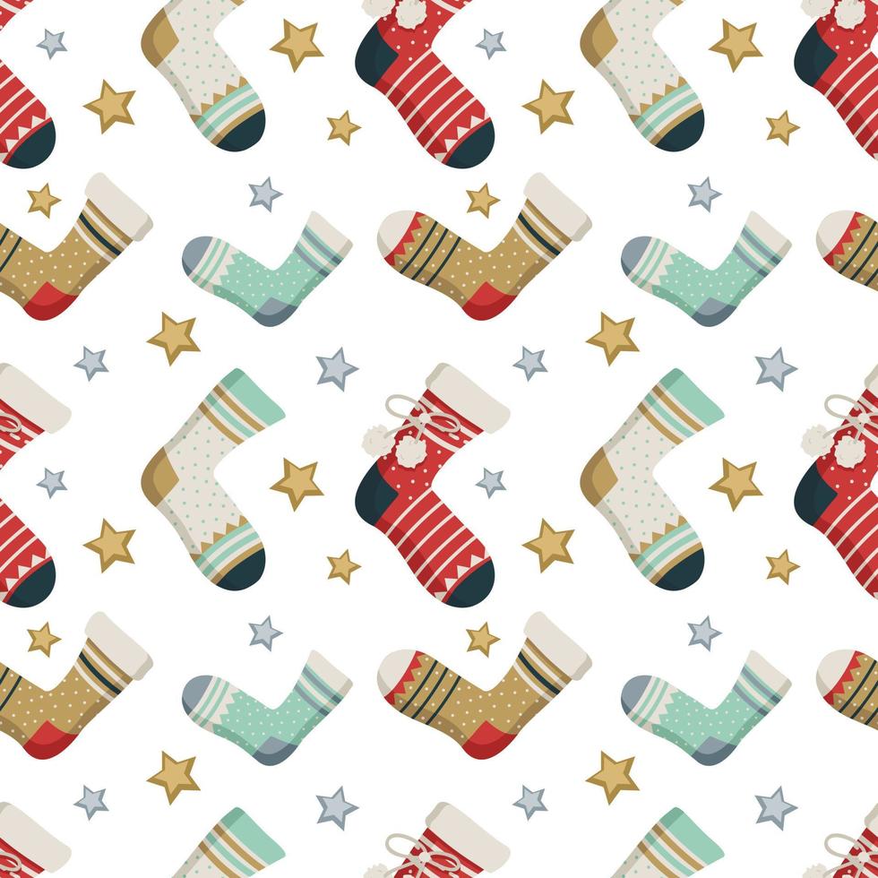 patrón sin costuras con calcetines, estrellas y estampado diferente. Fondo de moda de invierno de prendas de vestir, envoltura de regalos, postales para navidad o año nuevo vector