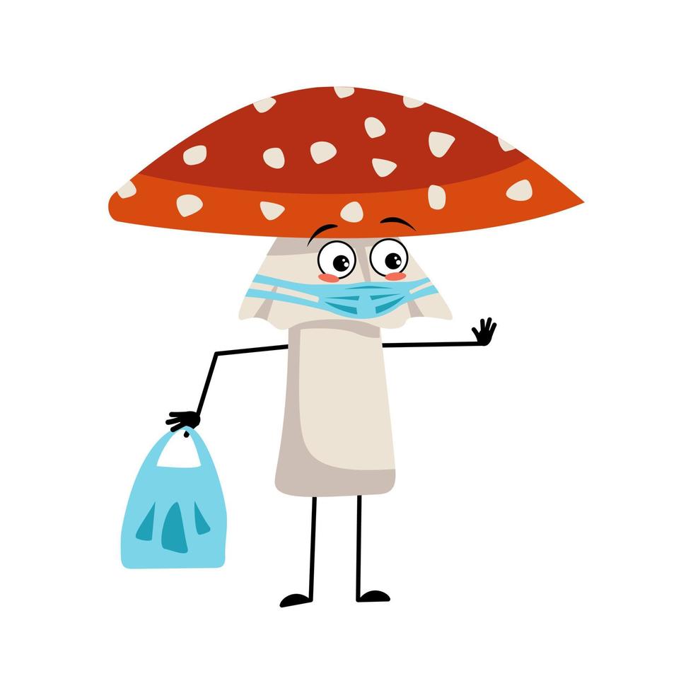 Cute amanita character with sad emotions, face and mask keep distance, hands with shopping bag and stop gesture. Fly Agaric Mushroom from forest with kind expression vector