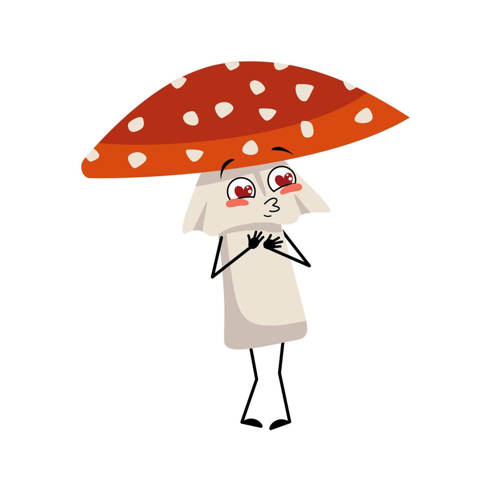 El lindo personaje de amanita se enamora de ojos corazones, beso cara, brazos y piernas. Hongo agárico de mosca del bosque con expresión amable vector