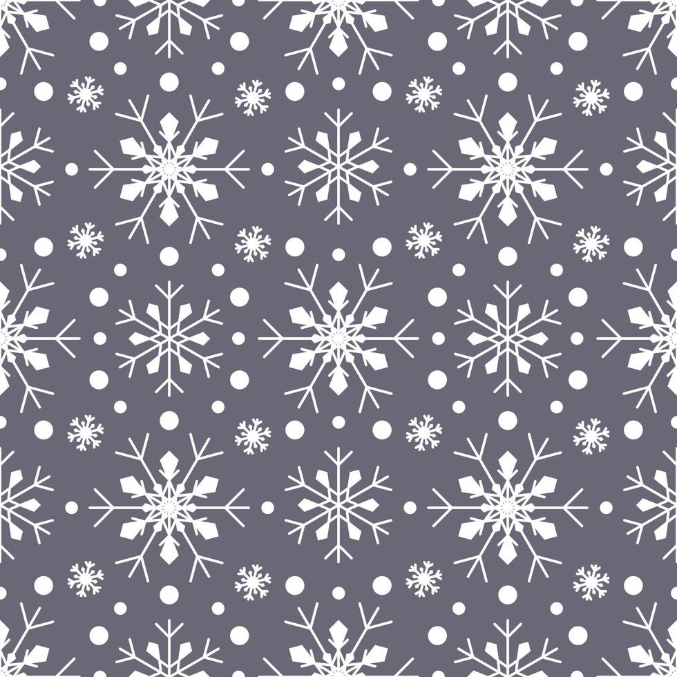 Seamless pattern with white snowflakes on grey background. Festive winter traditional decoration for New Year, Christmas, holidays and design. Ornament of simple line repeat snow flake vector