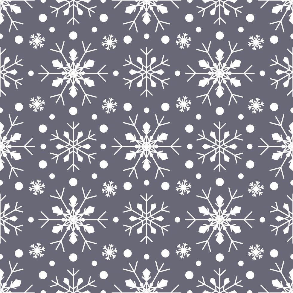 Seamless pattern with white snowflakes on grey background. Festive winter traditional decoration for New Year, Christmas, holidays and design. Ornament of simple line repeat snow flake vector