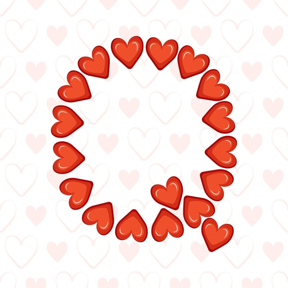 Letter Q from red hearts on seamless pattern with love symbol. Festive font or decoration for valentine day, wedding, holiday and design vector