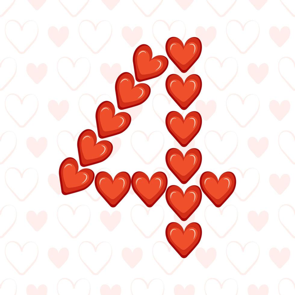 Number four from red hearts on seamless pattern with love symbol. Festive font or decoration for valentine day, wedding, holiday and design vector