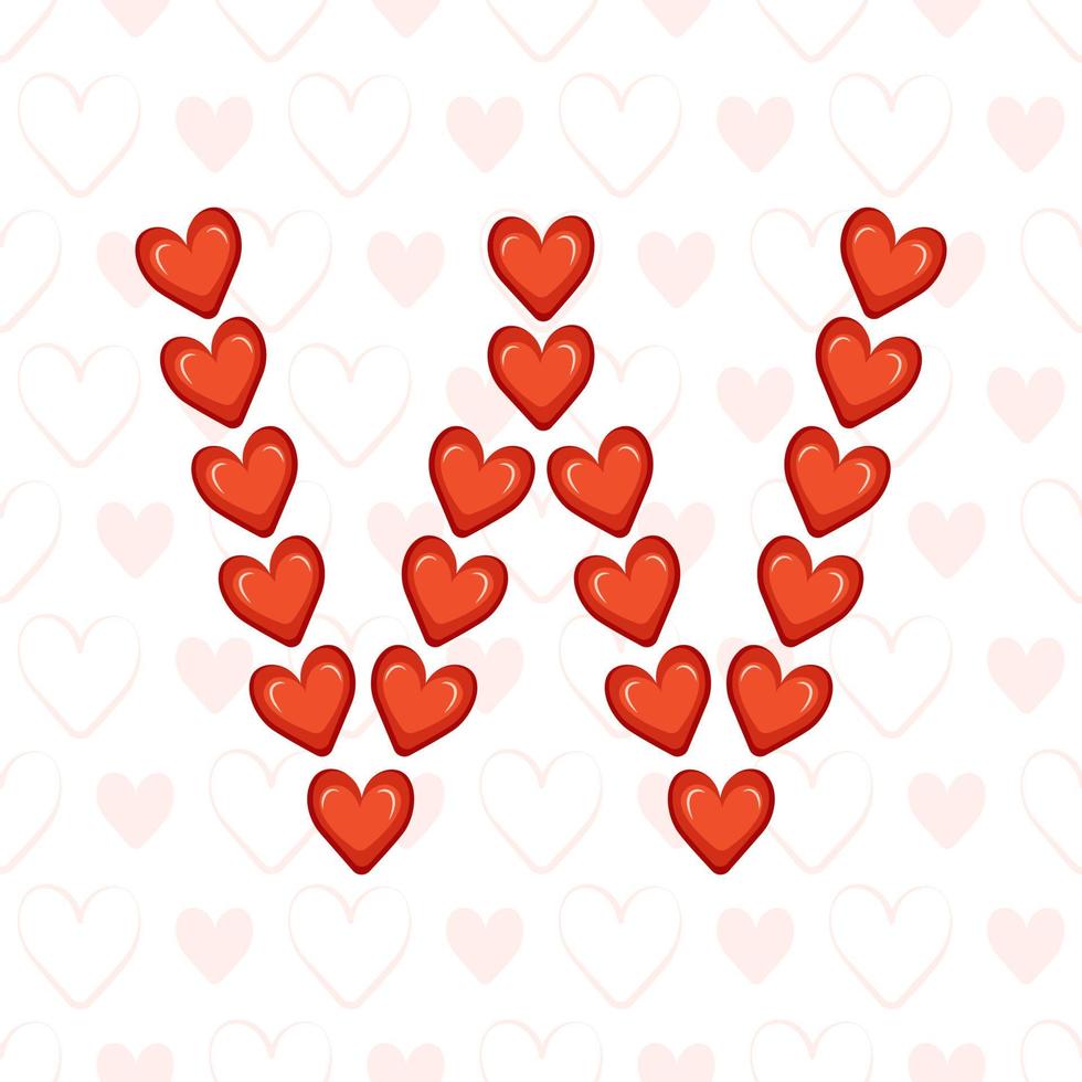Letter W from red hearts on seamless pattern with love symbol. Festive font or decoration for valentine day, wedding, holiday and design vector