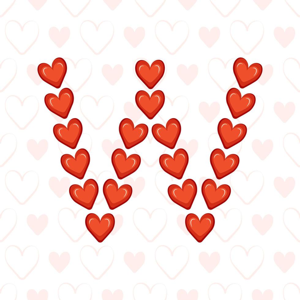 Letter W from red hearts on seamless pattern with love symbol. Festive font or decoration for valentine day, wedding, holiday and design vector