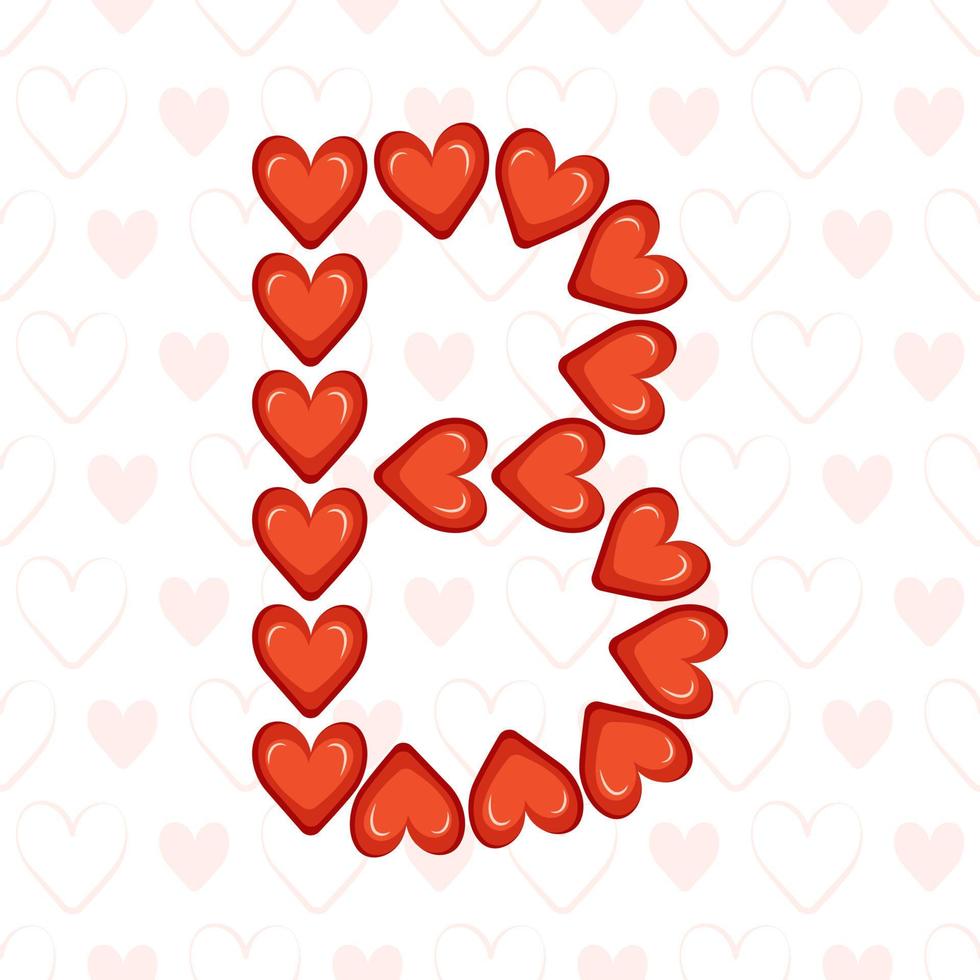 Letter B from red hearts on seamless pattern with love symbol. Festive font or decoration for valentine day, wedding, holiday and design vector