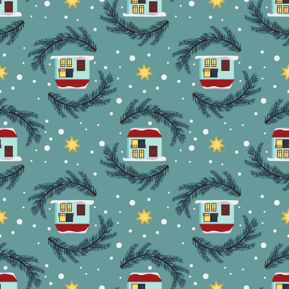 Seamless pattern with festive Christmas houses, tree branches, stars and snowflakes on blue background. Bright print for the New Year and winter holidays for wrapping paper, textiles and design. vector
