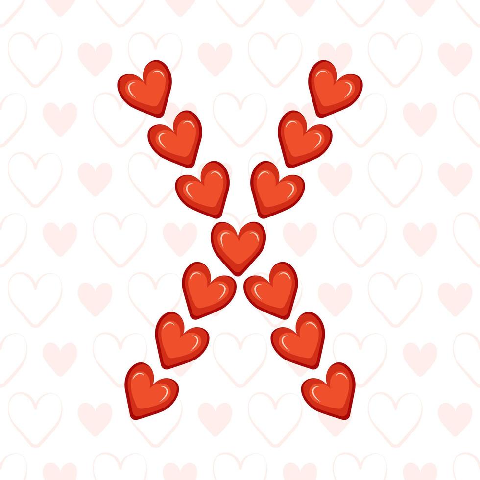 Letter X from red hearts on seamless pattern with love symbol. Festive font or decoration for valentine day, wedding, holiday and design vector