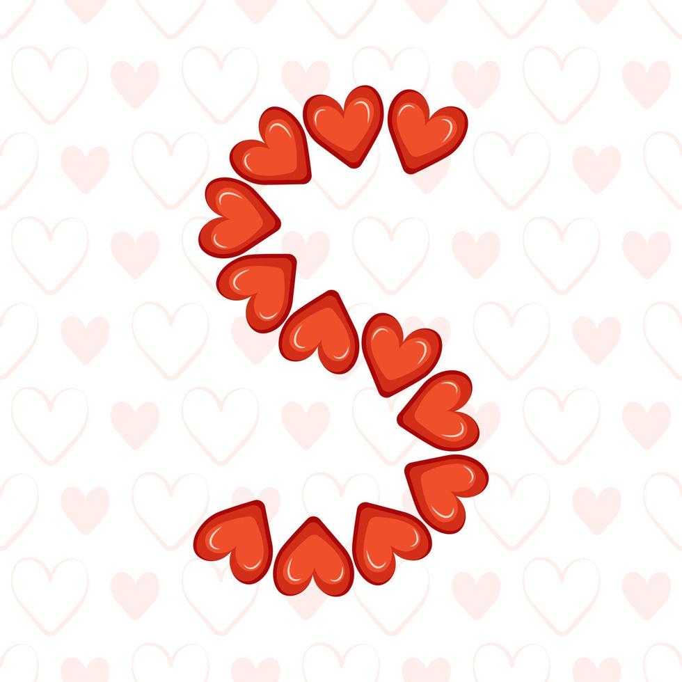 Letter S from red hearts on seamless pattern with love symbol. Festive font or decoration for valentine day, wedding, holiday and design vector