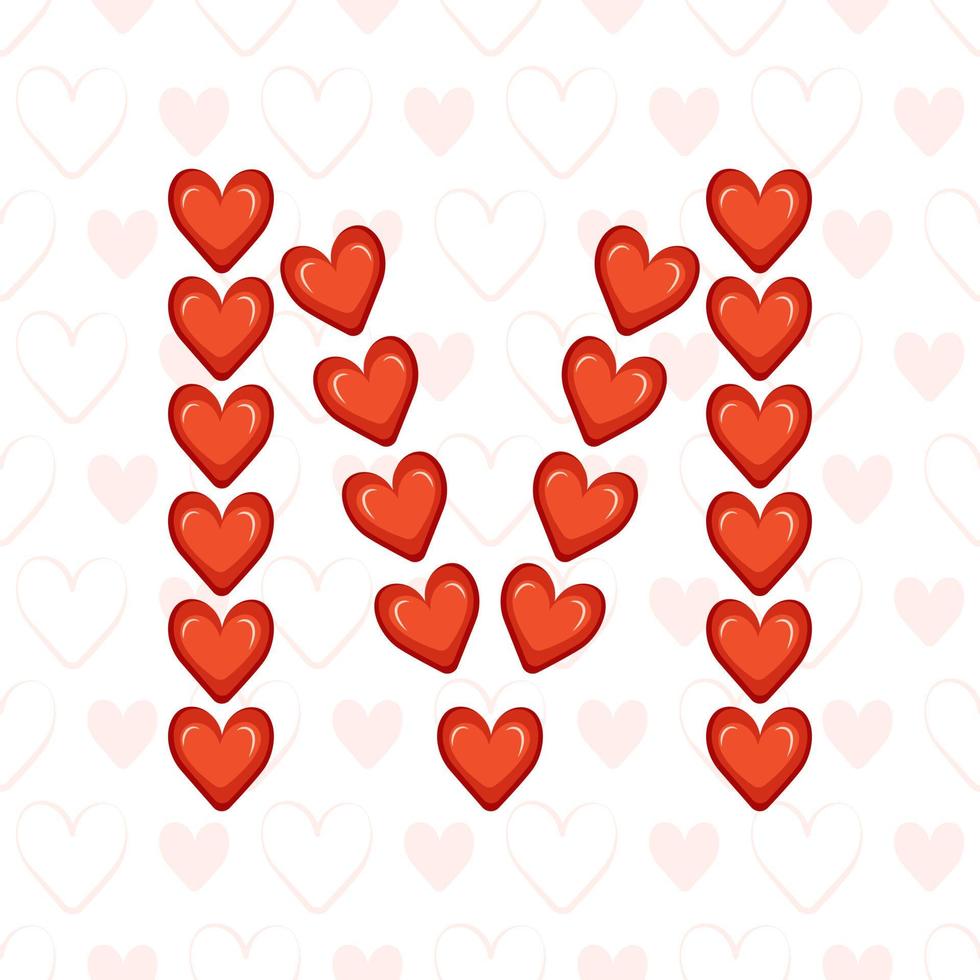 Letter M from red hearts on seamless pattern with love symbol. Festive font or decoration for valentine day, wedding, holiday and design vector