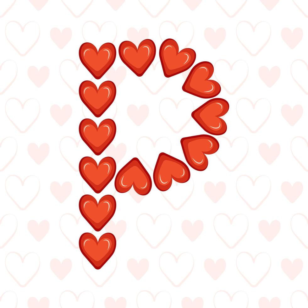 Letter P from red hearts on seamless pattern with love symbol. Festive font or decoration for valentine day, wedding, holiday and design vector