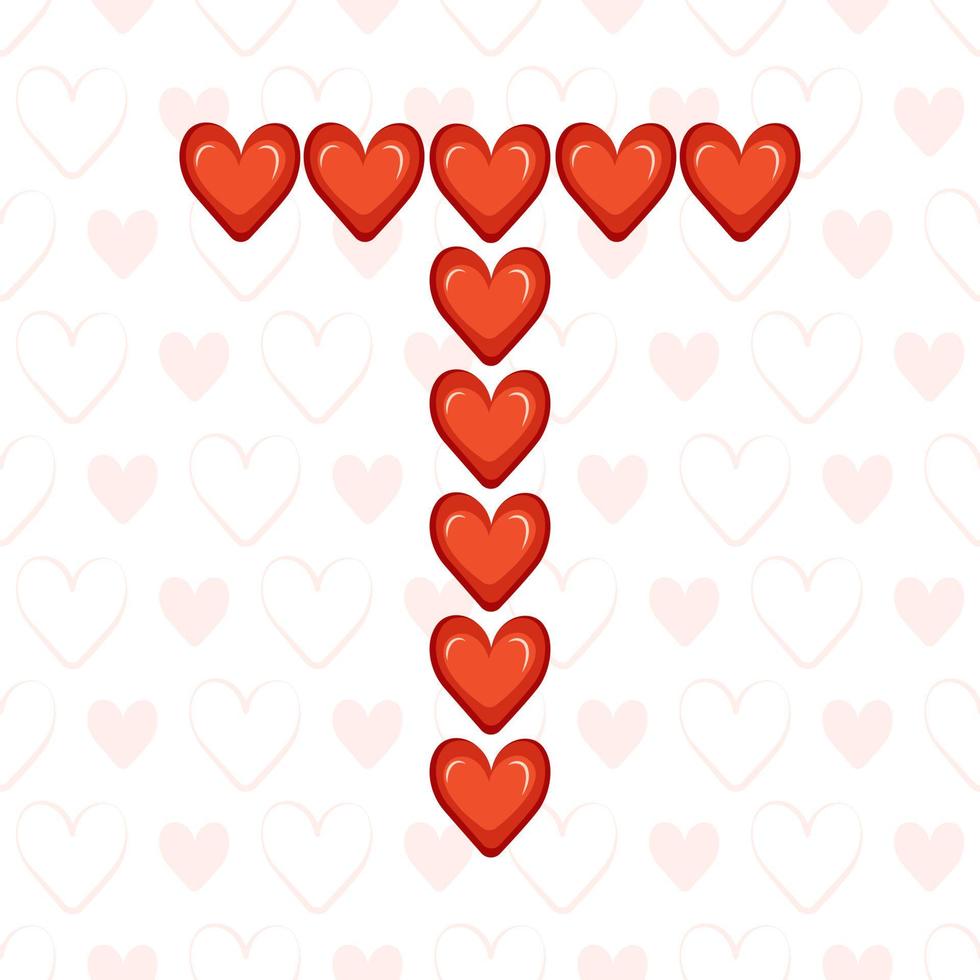 Letra t de corazones rojos en patrones sin fisuras con símbolo de amor. Fuente festiva o decoración para el día de San Valentín, bodas, vacaciones y diseño. vector